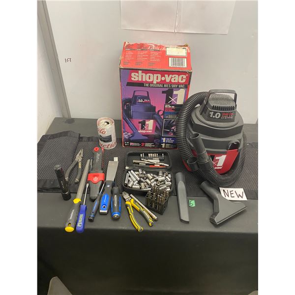 Shop vac and assorted hand tools including sockets, pliers and more