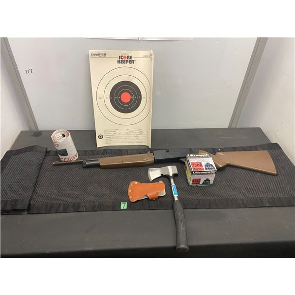 B-Bs gun with target and hatchet