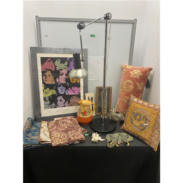 Home décor items including floor lamp, wall art, Material, cushions, pitcher and more