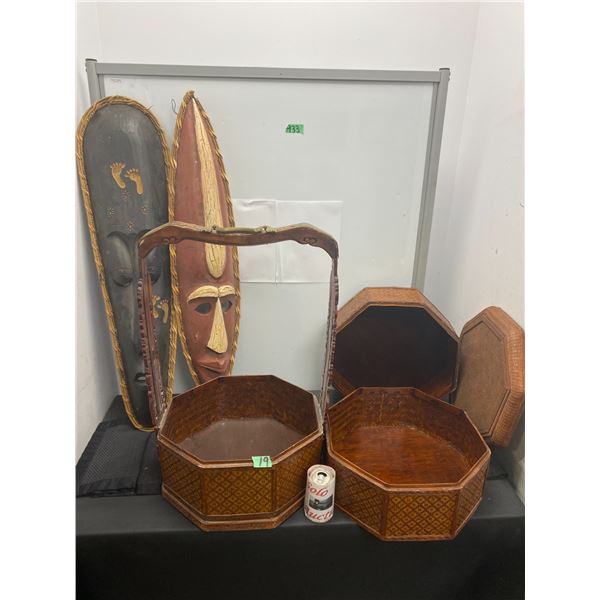 Ratan stacking backets, and mask wall art pieces