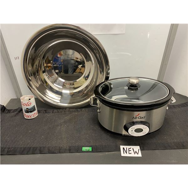 All-Clad brand slow cooker and stainless steel mixing bowl