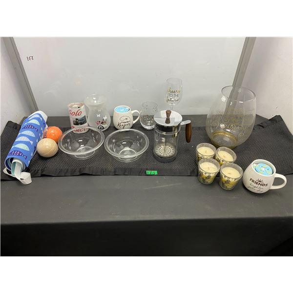 Assorted lot of home items including coffee press, candles and more