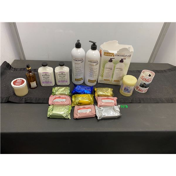 Personal care items including shampoo and conditioner, bath products and soaps