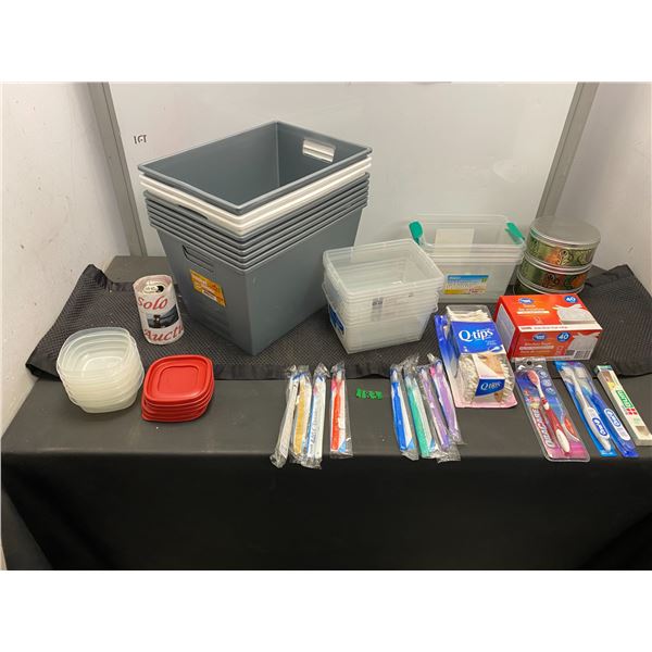 Assorted lot of items including storage bins, toothbrushes and more
