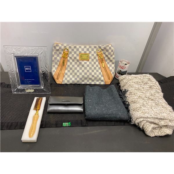 LV bag (not authentic), wallet, picture frame and scarfs and more