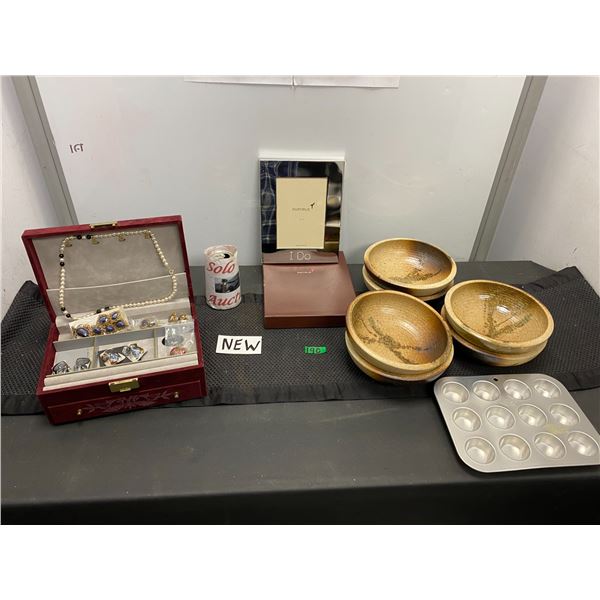 Jewellery box full of fashion jewellery, pottery bowls and more