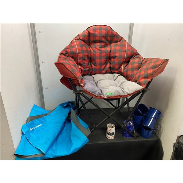 Camp chair, metal cups, Woods Double Air Mattress (New)