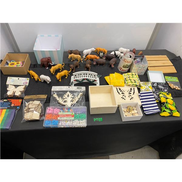 Assorted lot of crafting items including beads. Fabric, wood shapes, animals