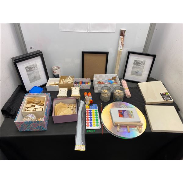 Lot of crafting items including crayons, paints, wood shapes, butterflies, picture frames and more