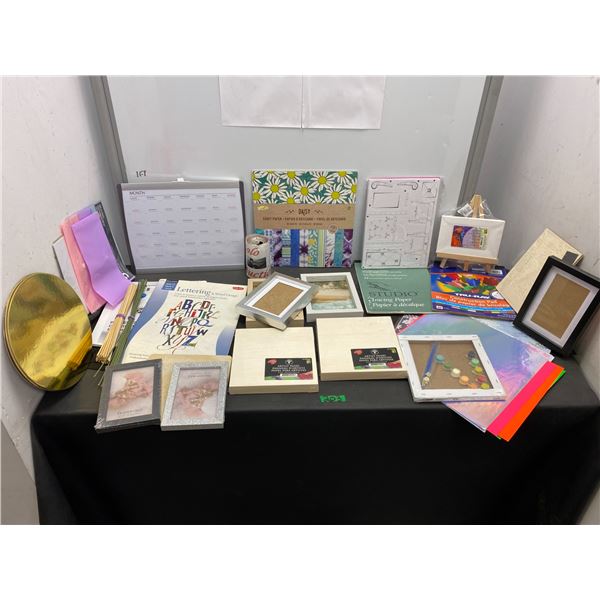 Large lot of crafting supplies including frames, canvas, paints, scrapbook paper and more