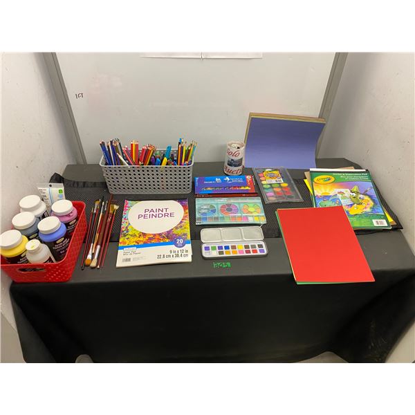 Huge lot of craft items including water colour paints, paper, pencil crayons, acrylic paints and mor