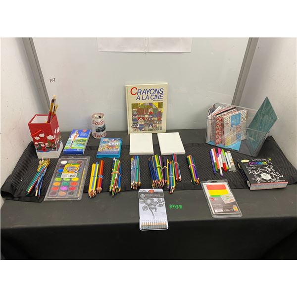 Lot of crafting items including pencil crayons, water colour paints, craft paper, brushes and more