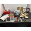 Image 1 : Lot of crafting items including acrylic paints, pencil crayons, unpainted dollhouse furniture, canva