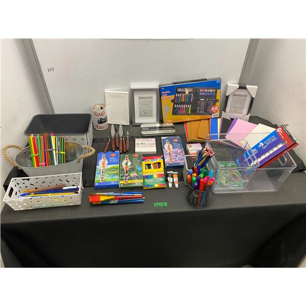 Lot of crafting items including pencil crayons, acrylic paints, frames and more
