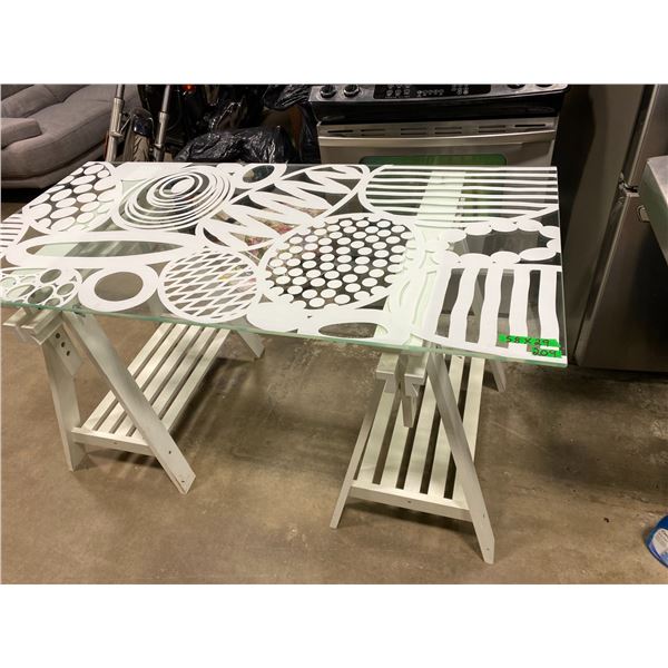 Beautiful art table/desk unique design in white with glass top, 58" x 29" (adjustable)