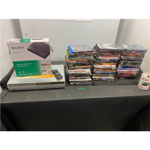 50 Plus DVD movies and DVD player and Sony brand BDP-S500 streaming entertainment station