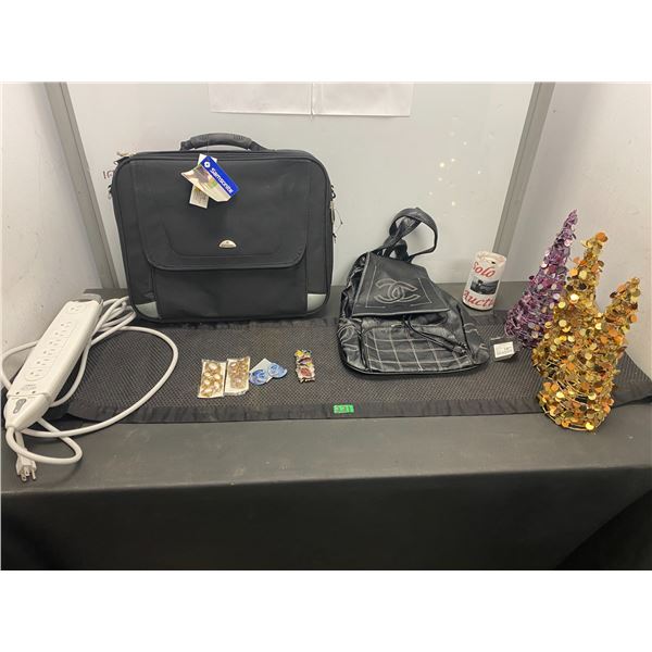 Brief case, back pack, costume jewellery, Christmas trees and more