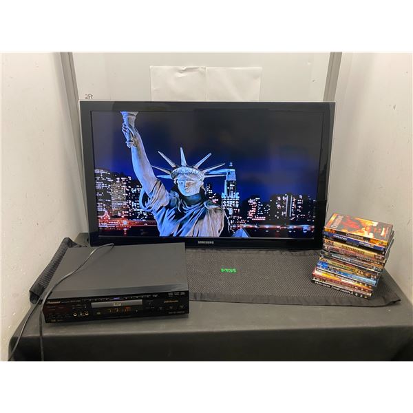 Samsung flat screen 40' TV, Pioneer DVD player and assorted DVD movies