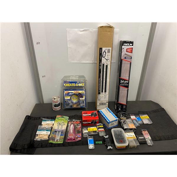 Assorted lot of home repair items including nails, screws, tent pegs, staples and more