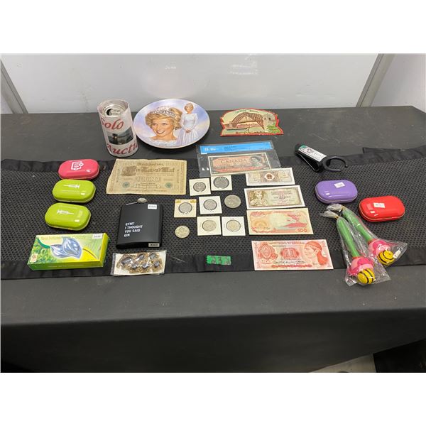 Large lot of assorted money from around the world, Princess Diana collectors plate and more