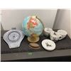 Image 1 : Desk top globe, ice skate themed coffee cups and plates, antique iron and more
