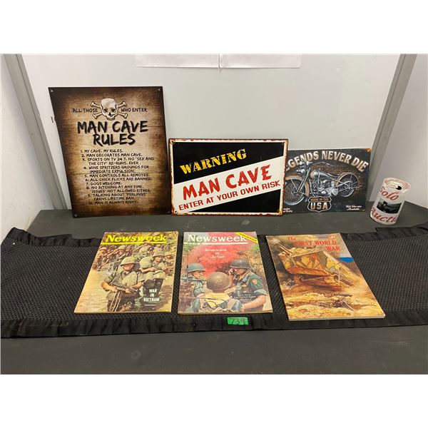 Man Cave metal signs and 2 vintage Newsweek magazines