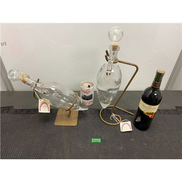 2 Wine decanters with stands and bottle of Ernest & Julio Zinfandel wine