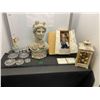 Image 1 : Assortment of home décor items including bust, porcelain doll, Christmas tree ornaments and more