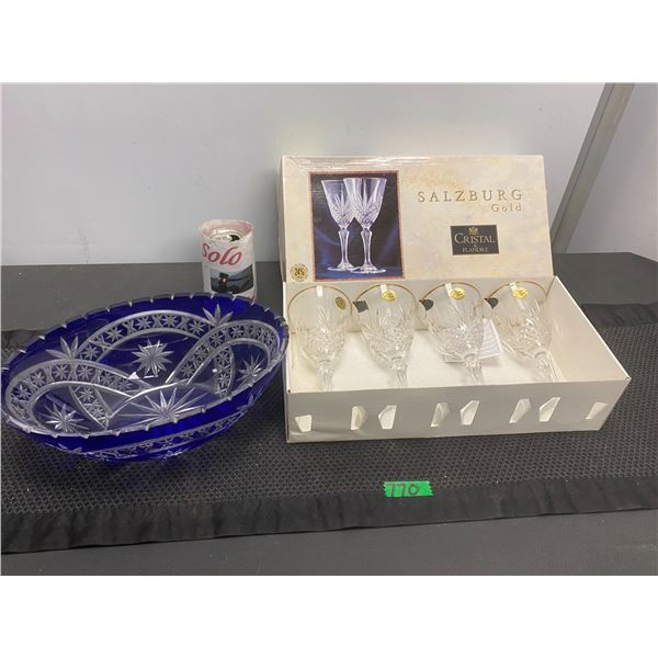 Beautiful blue cut glass bowl and set of Salzburg gold rimmed Christal wine glasses