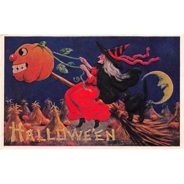 Witch on Broom with JOL & Black Cat Halloween Holiday Greeting Postcard