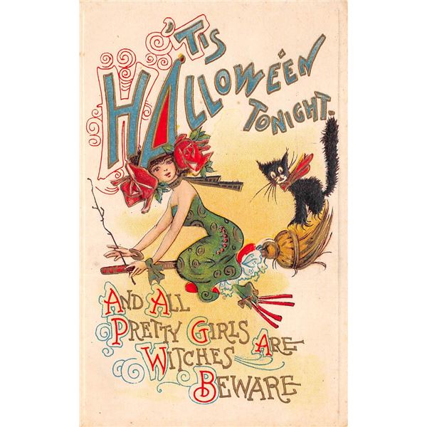 Tis Halloween Tonight Witch on Broom & Black Cat Holiday Postcard