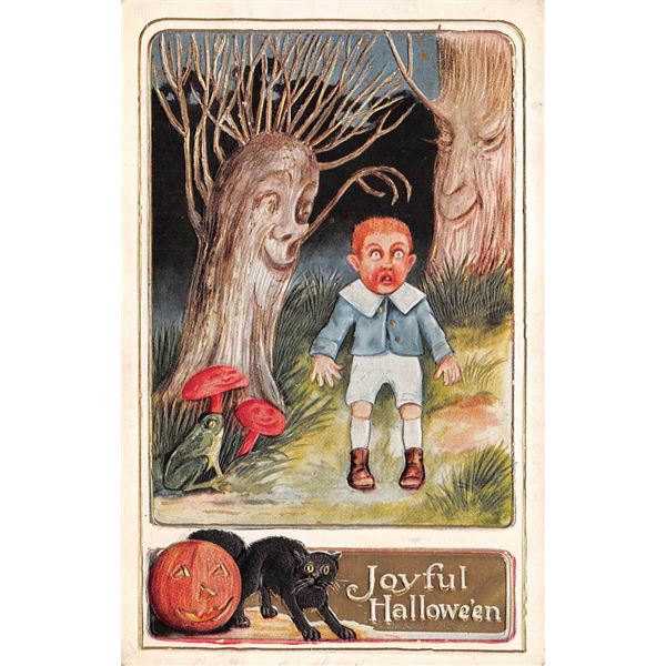 Joyful Halloween Boy in Woods Tree Face, JOL & Cat Holiday Postcard