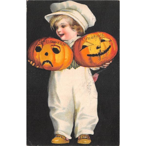 Black Background Clapsaddle Wolf Child & Pumpkins Holiday Greeting Postcard
