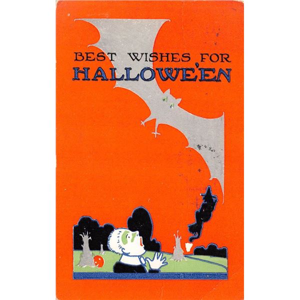 Best Wishes for Halloween Child Under Bat Orange Background Postcard
