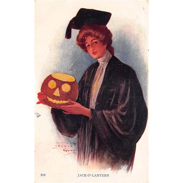 Archie Gunn Woman & Jack-o-lantern Halloween Holiday Greeting PC