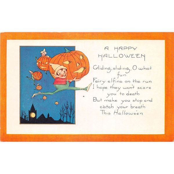 Whitney Orange Border Fairy & JOL Halloween Holiday Greeting Postcard