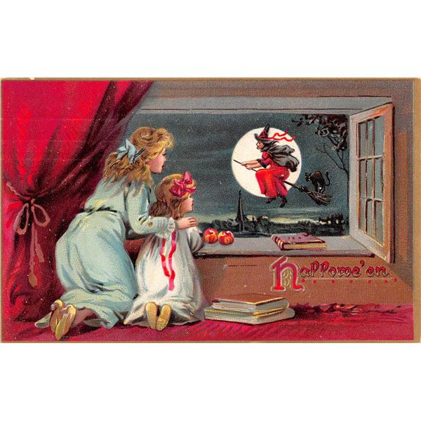Tuck Series 150 Halloween Witch on Broom in Moonlight Holiday PC