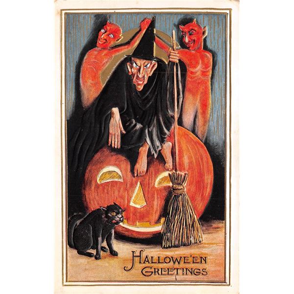 Witch Demons Black Cat & JOL Halloween Holiday Greeting Postcard