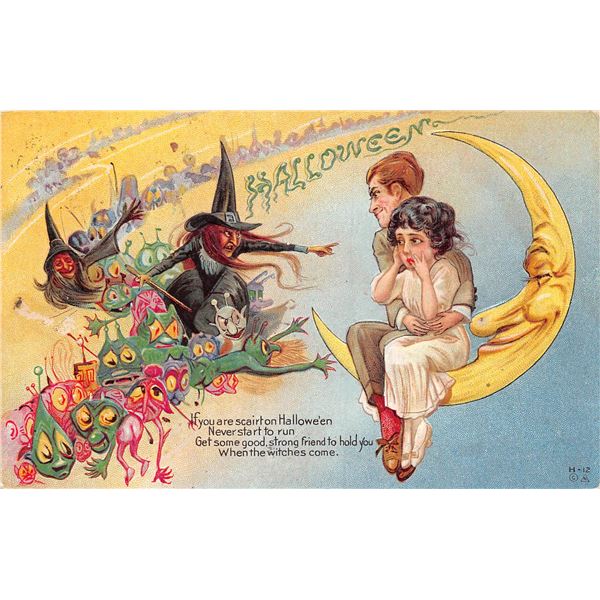 Couple on Moon with Witches & Goblins Halloween Holiday Greeting PC