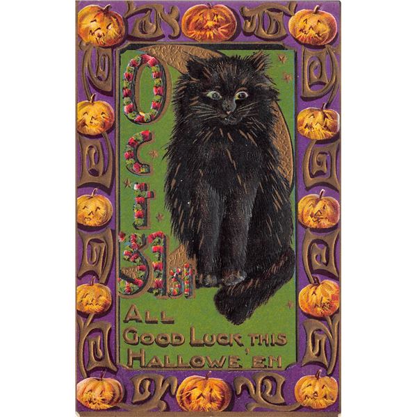 Oct. 31 Black Cat on Green Background with Pumpkin Border PC Halloween