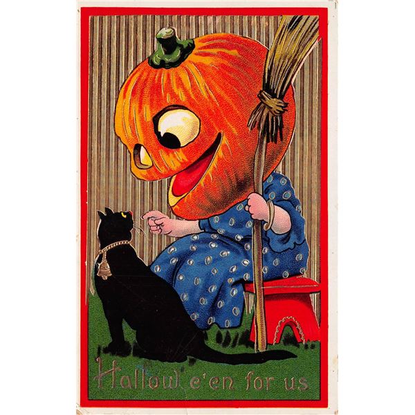 Halloween For Us Jack-O-Lantern & Black Cat Holiday Greeting Postcard