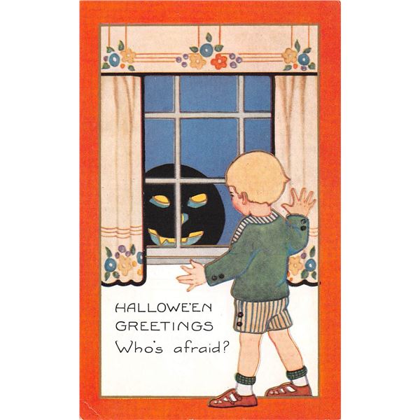 Whitney Jack-O-Lantern in Window & Child Halloween Holiday Postcard