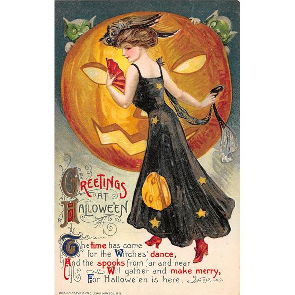 Winsch Greetings at Halloween Woman In Front of JOL with Goblins Postcard