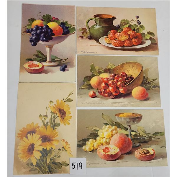 Group of 12 Klein Signed Artist Flowers & Fruit Postcards