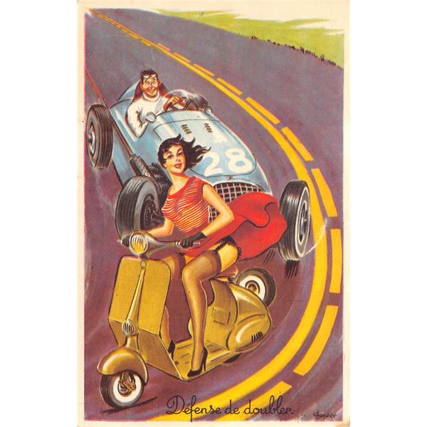 Auto Racing & Woman On Motorcycle Signed Artist Postcard