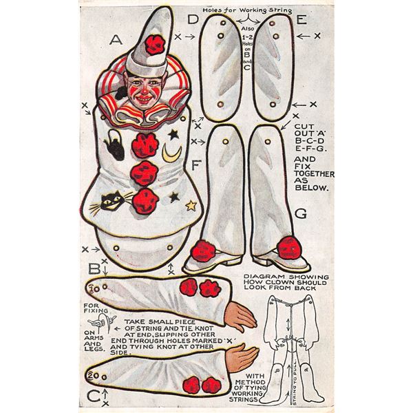 "Toy Town" Paper Doll Clown Postcard