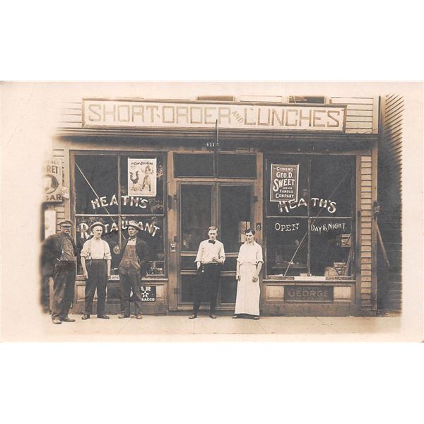 Men at Restaurant & Store Front Photo Postcard