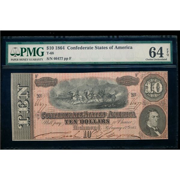 1864 $10 T-68 Confederate PMG 64EPQ
