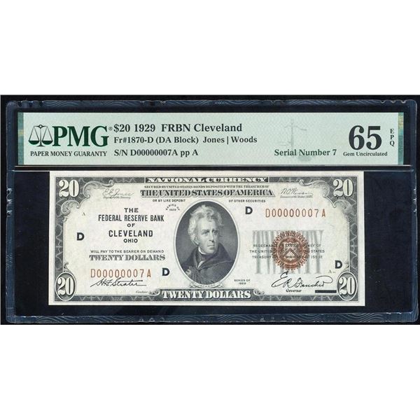 1929 $20 Serial 7 Cleveland FRBN PMG 65EPQ