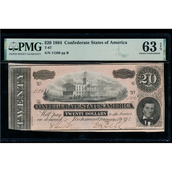 1864 $20 T-67 Confederate PMG 63EPQ